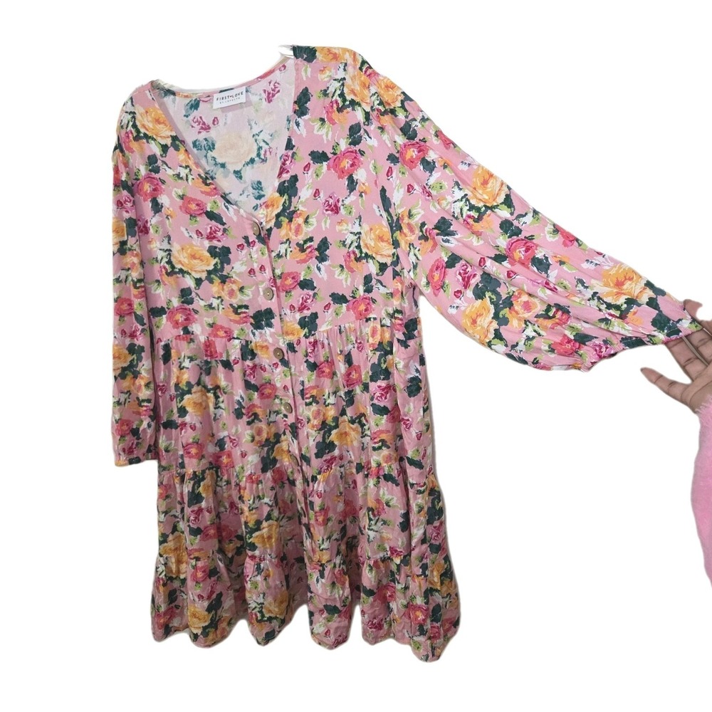 First Love by Lovelyn Pink Floral Button Front Babydoll Dress Womens 2X Romantic